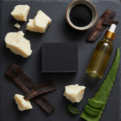 Black Soap Ingredient Flat Lay